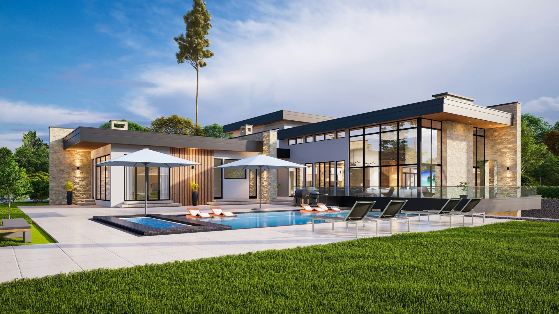 Luxury modern Houston home exterior with stone, glass, wood cladding, and pool terrace.