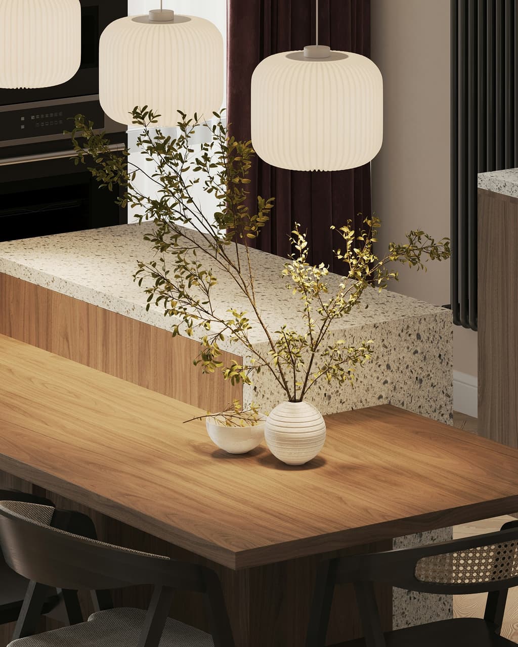 Soft neutral kitchen cabinetry and countertop detail with under-cabinet lighting.